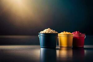 drie emmers van popcorn Aan een donker tafel. ai-gegenereerd foto