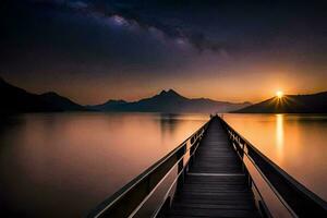 een pier uitrekken in de water Bij zonsondergang. ai-gegenereerd foto