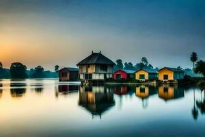 kleurrijk huizen Aan de water Bij zonsopkomst. ai-gegenereerd foto