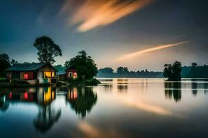 een huis Aan de meer Bij zonsondergang. ai-gegenereerd foto