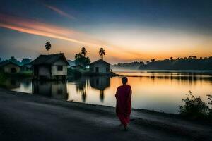 een monnik wandelingen langs de kust van een meer Bij zonsopkomst. ai-gegenereerd foto