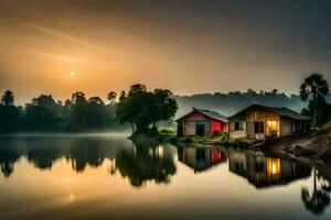 twee huizen Aan de kust van een meer Bij zonsopkomst. ai-gegenereerd foto
