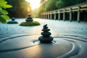 een zen tuin met stenen en water. ai-gegenereerd foto