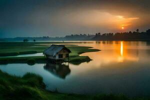 de zon stijgt over- de water en de hut in de midden- van de rivier. ai-gegenereerd foto