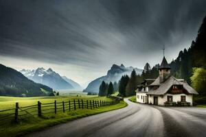 een land weg met een kerk in de midden- van de bergen. ai-gegenereerd foto