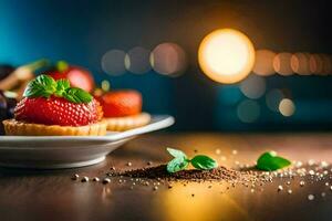 een bord met aardbeien en chocola Aan een tafel. ai-gegenereerd foto