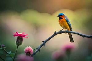 een kleurrijk vogel zit Aan een Afdeling met roze bloemen. ai-gegenereerd foto