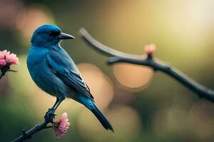 een blauw vogel is neergestreken Aan een Afdeling met roze bloemen. ai-gegenereerd foto