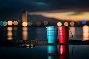 twee rood cups zitten Aan de grond in de buurt de water. ai-gegenereerd foto