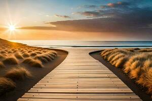 een houten pad Leidt naar de strand Bij zonsondergang. ai-gegenereerd foto