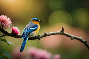 een blauw en oranje vogel zit Aan een Afdeling. ai-gegenereerd foto