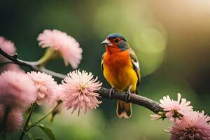 een kleurrijk vogel zit Aan een Afdeling met roze bloemen. ai-gegenereerd foto