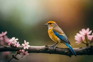 een blauw en geel vogel is zittend Aan een Afdeling. ai-gegenereerd foto