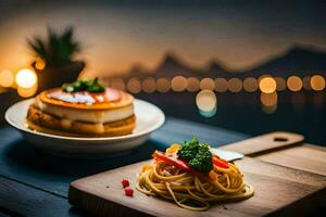 pasta en kaas Aan een houten tafel met een visie van de stad. ai-gegenereerd foto