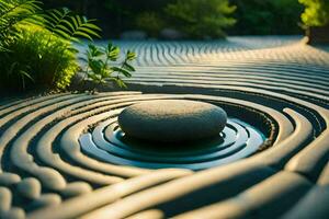 een steen is zittend in een circulaire tuin met water. ai-gegenereerd foto