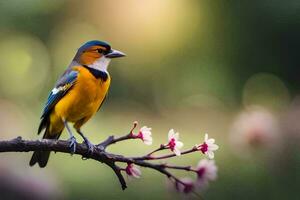 een vogel zittend Aan een Afdeling met bloemen in de achtergrond. ai-gegenereerd foto