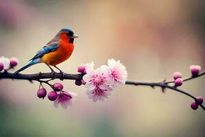 een kleurrijk vogel zit Aan een Afdeling met roze bloemen. ai-gegenereerd foto