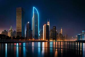 de stad horizon Bij nacht in dubai. ai-gegenereerd foto