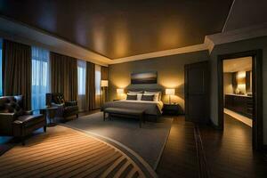 een hotel kamer met een groot bed en een groot venster. ai-gegenereerd foto