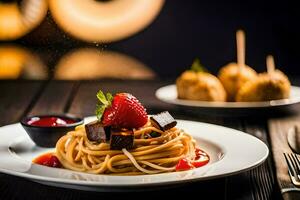 een bord van spaghetti met aardbeien en chocola. ai-gegenereerd foto