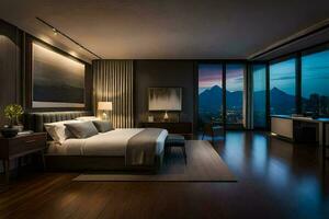 een modern slaapkamer met een visie van de stad. ai-gegenereerd foto