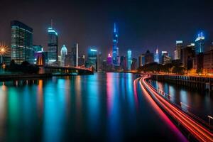 de stad horizon Bij nacht met lichten Aan de water. ai-gegenereerd foto