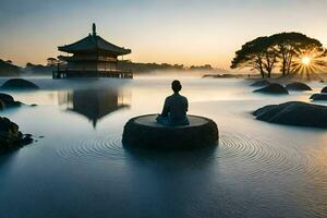 een boeddhistisch meditatie in de water Bij zonsopkomst. ai-gegenereerd foto
