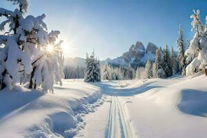 foto behang de lucht, sneeuw, bomen, bergen, zon, bomen, bomen, winter,. ai-gegenereerd