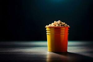 popcorn in een kop Aan een donker tafel. ai-gegenereerd foto
