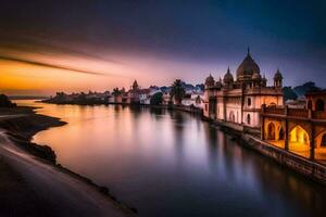 de zonsondergang over- de rivier- in Indië. ai-gegenereerd foto