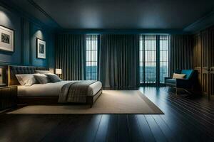 een slaapkamer met blauw muren en hout vloeren. ai-gegenereerd foto
