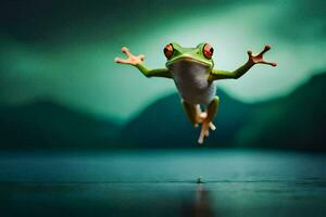 een kikker jumping in de lucht met haar ogen open. ai-gegenereerd foto