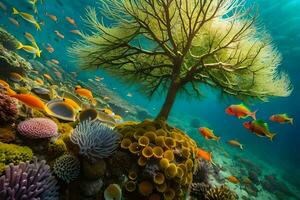 een boom en koraal rif met vis en andere koralen. ai-gegenereerd foto