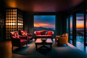 de leven kamer Bij zonsondergang met rood stoelen en een visie van de bergen. ai-gegenereerd foto