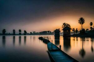 een lang pier in de midden- van een meer Bij zonsopkomst. ai-gegenereerd foto