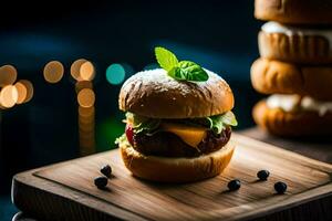 een Hamburger Aan een houten snijdend bord. ai-gegenereerd foto