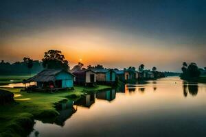 de zon sets over- een rivier- en sommige klein huizen. ai-gegenereerd foto