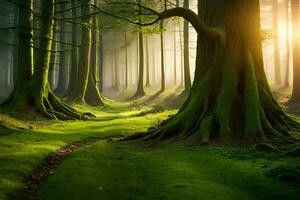 een pad door een Woud met bomen en gras. ai-gegenereerd foto