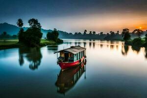 een boot Aan de rivier- Bij zonsopkomst. ai-gegenereerd foto