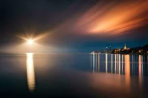 een lang blootstelling fotograaf van een stad Bij nacht. ai-gegenereerd foto