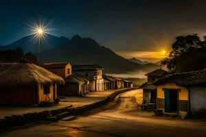 een dorp Bij zonsondergang met bergen in de achtergrond. ai-gegenereerd foto