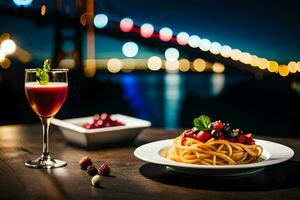 een bord van pasta en een glas van wijn Aan een tafel. ai-gegenereerd foto
