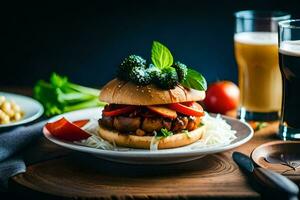 een hamburger met groenten en een bier. ai-gegenereerd foto
