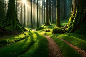 een pad door een Woud met bomen en mos. ai-gegenereerd foto