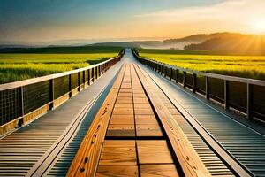 een houten brug Leidt naar een veld- met een zonsondergang. ai-gegenereerd foto