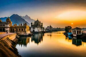 de zon sets over- de meer in udaipur, Indië. ai-gegenereerd foto