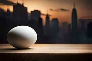 een ei Aan een tafel in voorkant van een stadsgezicht. ai-gegenereerd foto