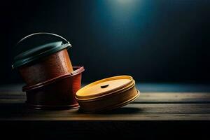 een stack van kleurrijk metaal blikjes Aan een houten tafel. ai-gegenereerd foto