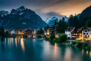 foto behang de lucht, bergen, rivier, huis, bergen, Zwitserland, alpen,. ai-gegenereerd