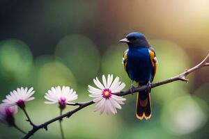 een blauw vogel zit Aan een Afdeling met wit bloemen. ai-gegenereerd foto